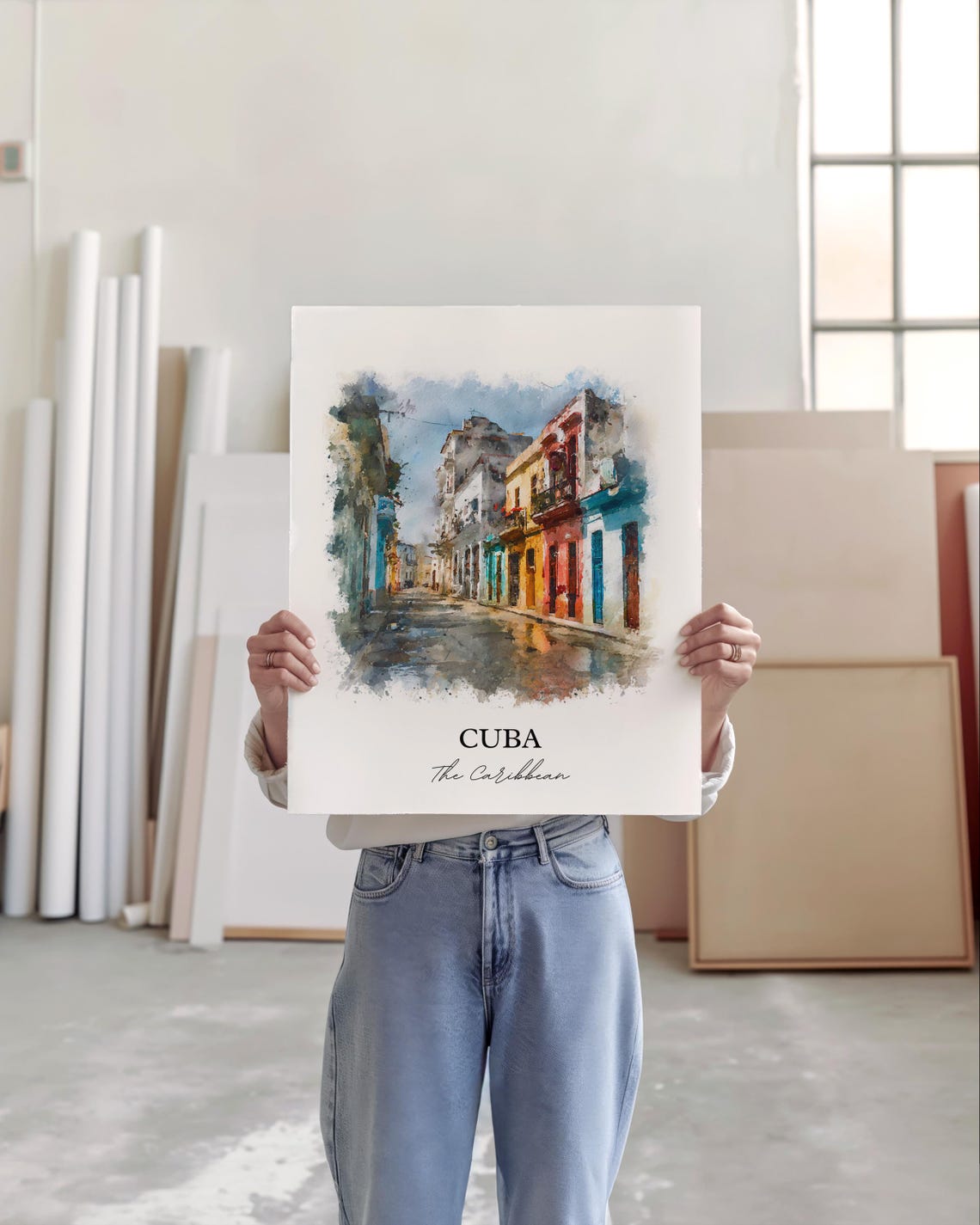 Cuba Caribbean Colorful Colonial Street Watercolor Art Poster - Image 3