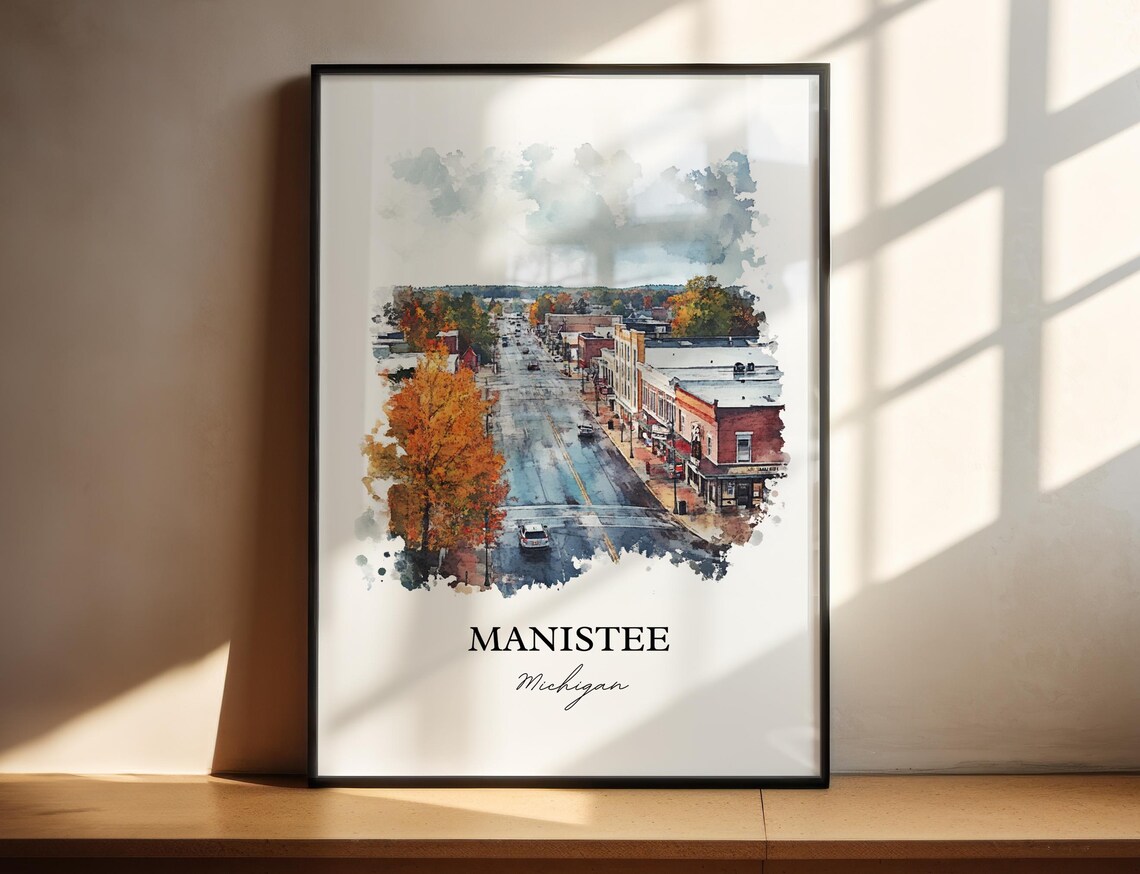 Manistee Michigan Autumn Main Street Small Town Watercolor Poster