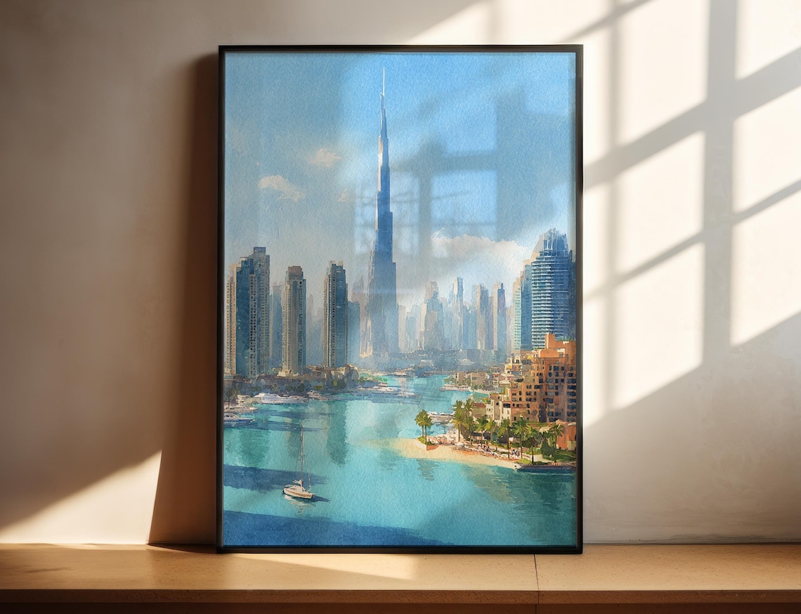 Dubai UAE Burj Khalifa Skyline Waterfront Watercolor Travel Art Poster