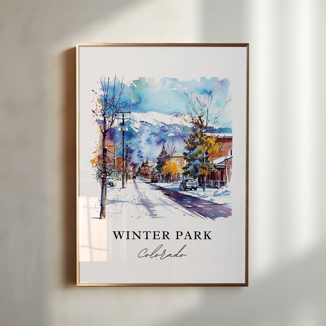 Winter Park Colorado Snowy Mountain Street Watercolor Travel Poster