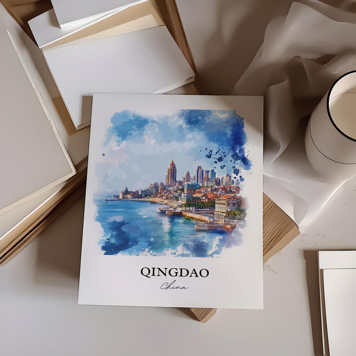 Qingdao China Watercolor Harbor Skyline Blue Sea View Poster - Image 4