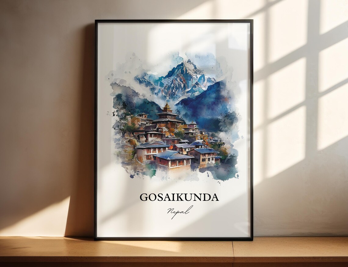 Gosaikunda Nepal Watercolor Snow Peak Mountain Village Travel Poster