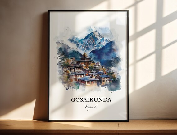 Gosaikunda Nepal Watercolor Snow Peak Mountain Village Travel Poster