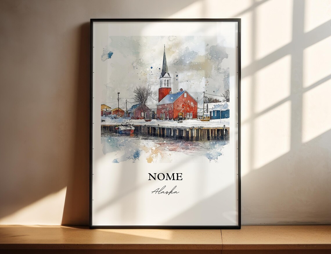 Nome Alaska Winter Harbor Red Church Snow Scene Watercolor Poster