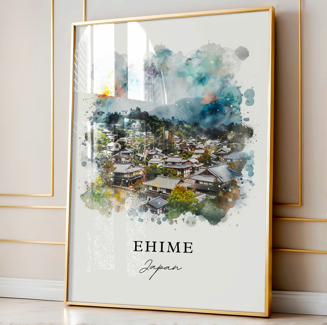 Ehime Japan Traditional Village Hillside Watercolor Travel Poster - Image 4