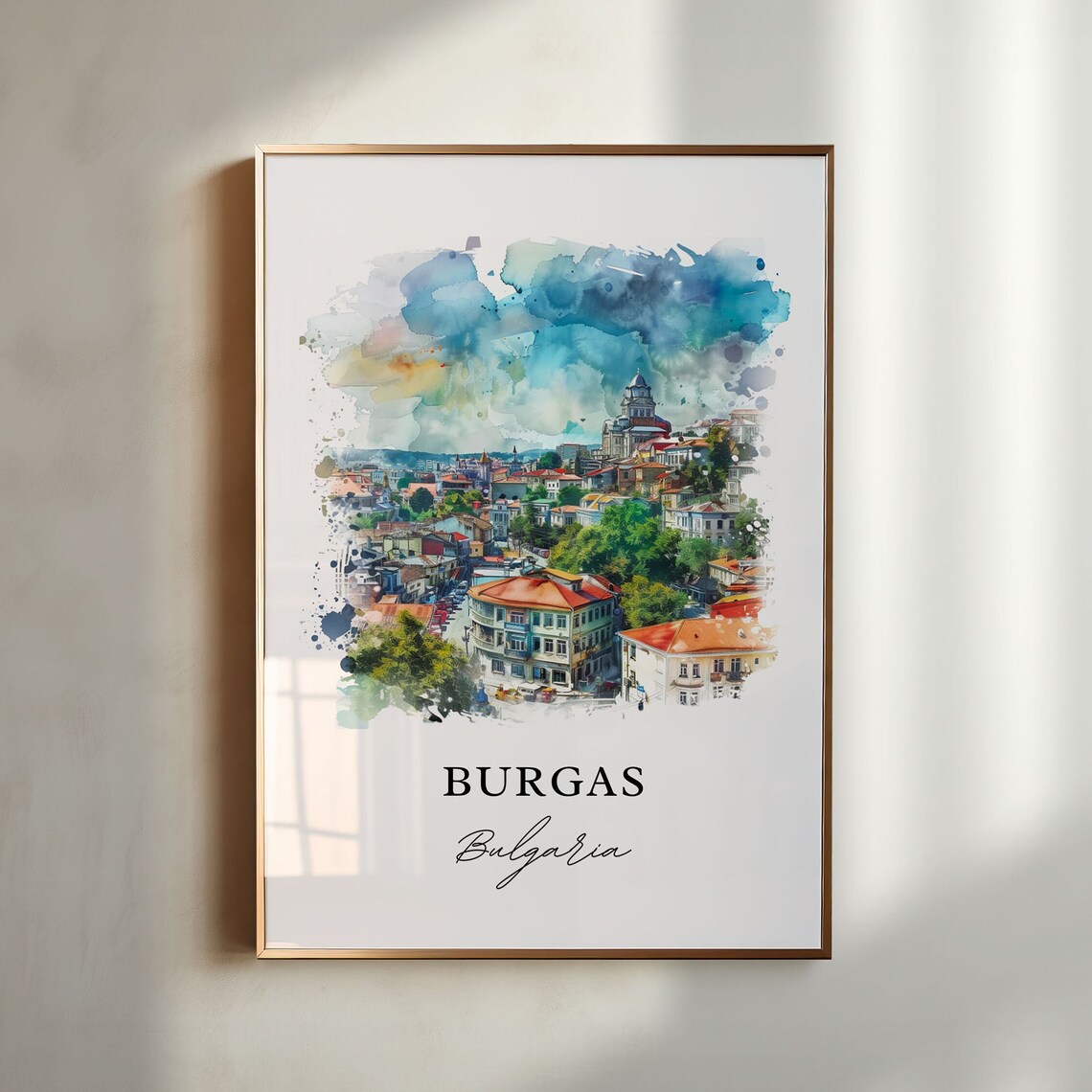 Burgas Bulgaria Cityscape Red Roof Cathedral Watercolor Poster