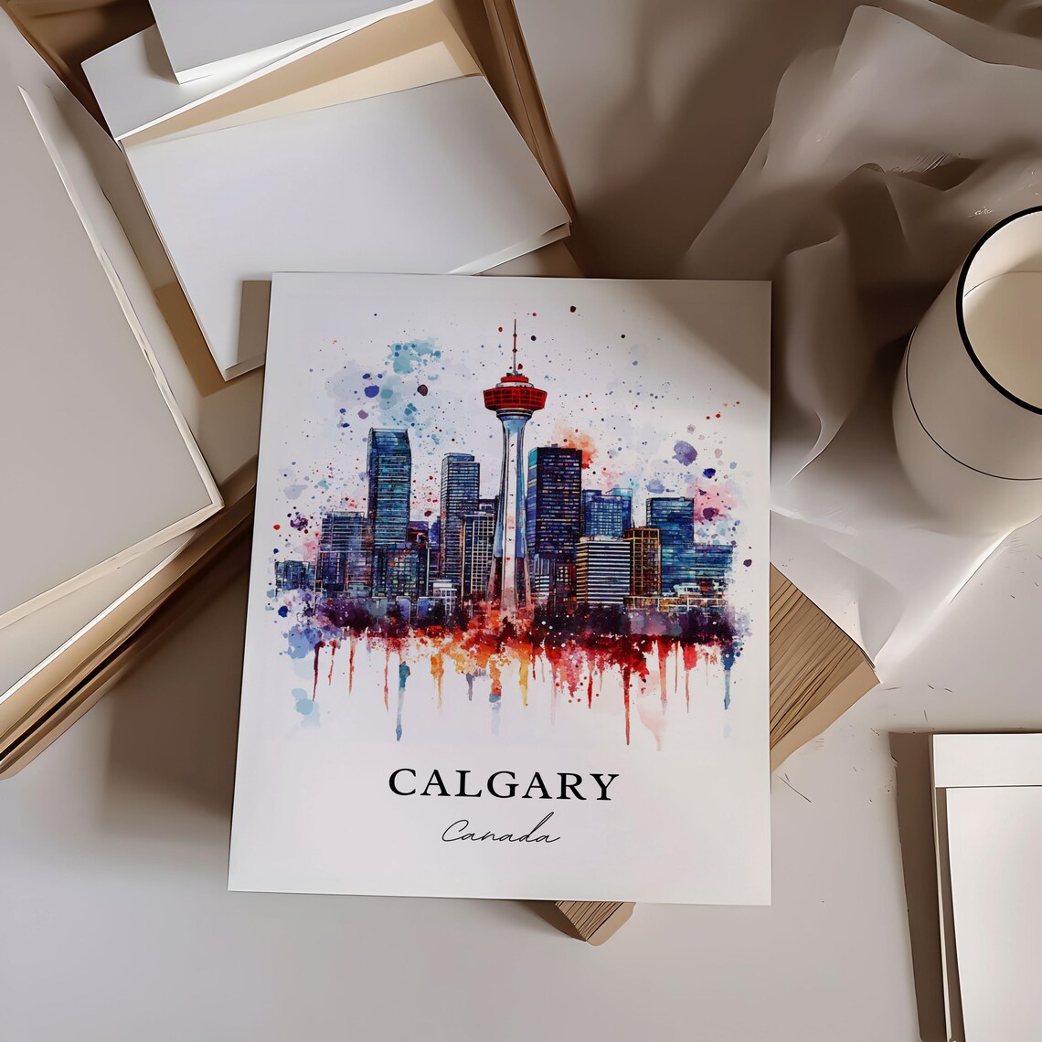Calgary Watercolor Skyline Travel Poster Print - Image 3