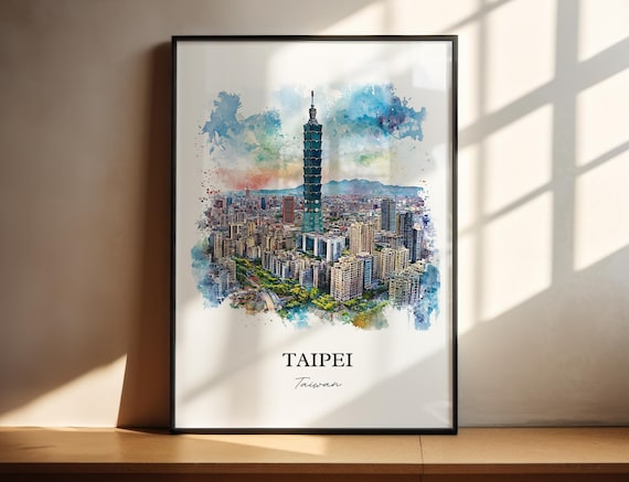Taipei Taiwan Watercolor Iconic Tower City Skyline View Poster