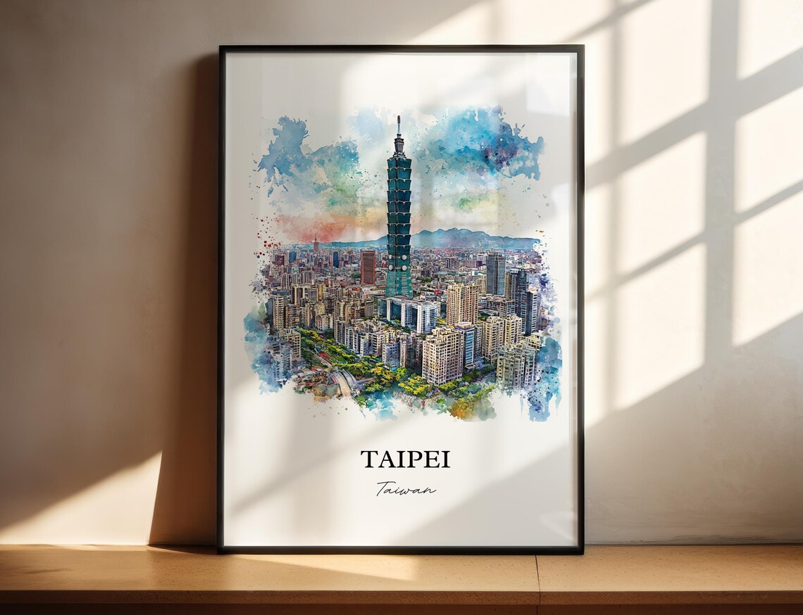 Taipei Taiwan Watercolor Iconic Tower City Skyline View Poster