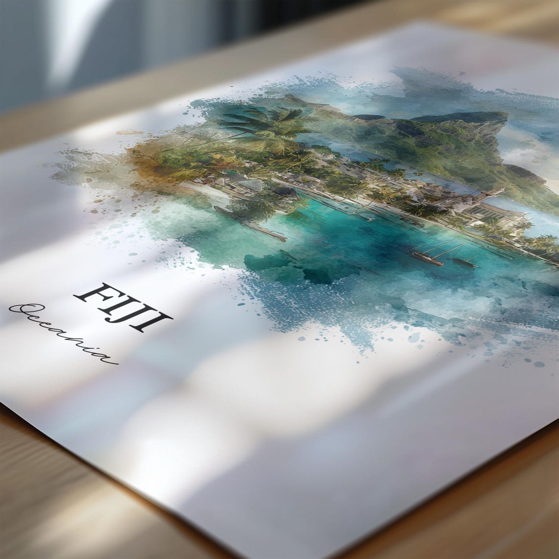 Fiji Oceania Tropical Mountain Harbor Town Watercolor Travel Poster - Image 6