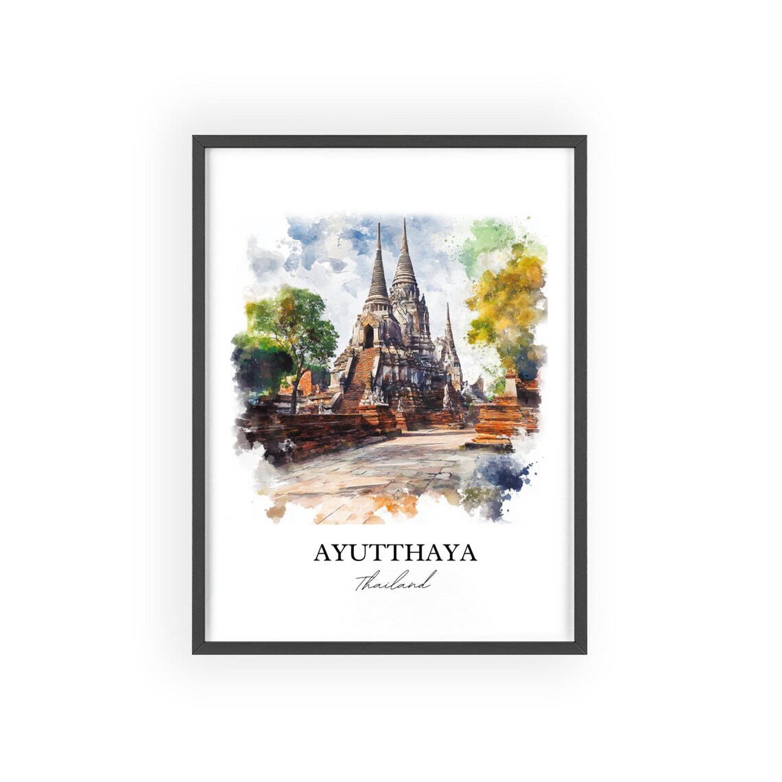 Ayutthaya Thailand Watercolor Ancient Temple Ruins Art Poster