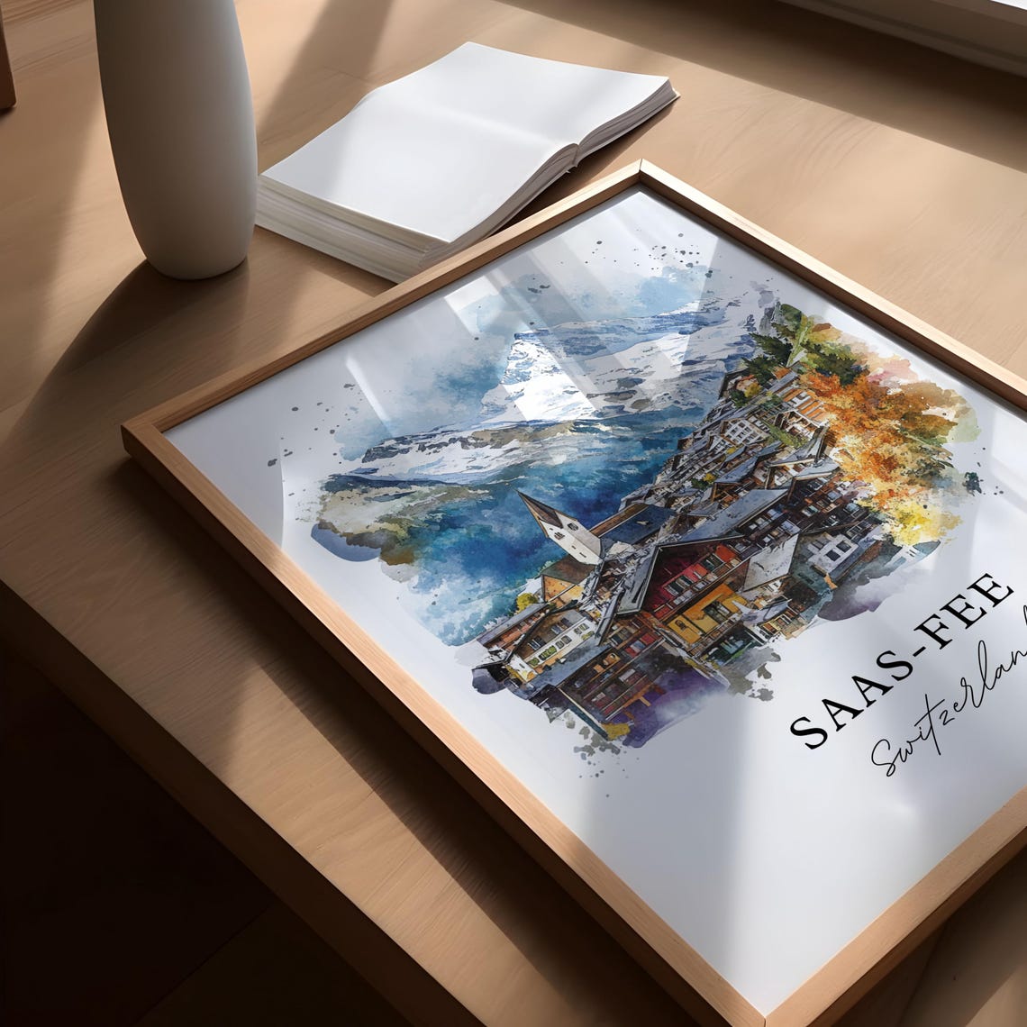 Saas Fee Switzerland Alpine Chalets Watercolor Snowy Peaks Poster - Image 5