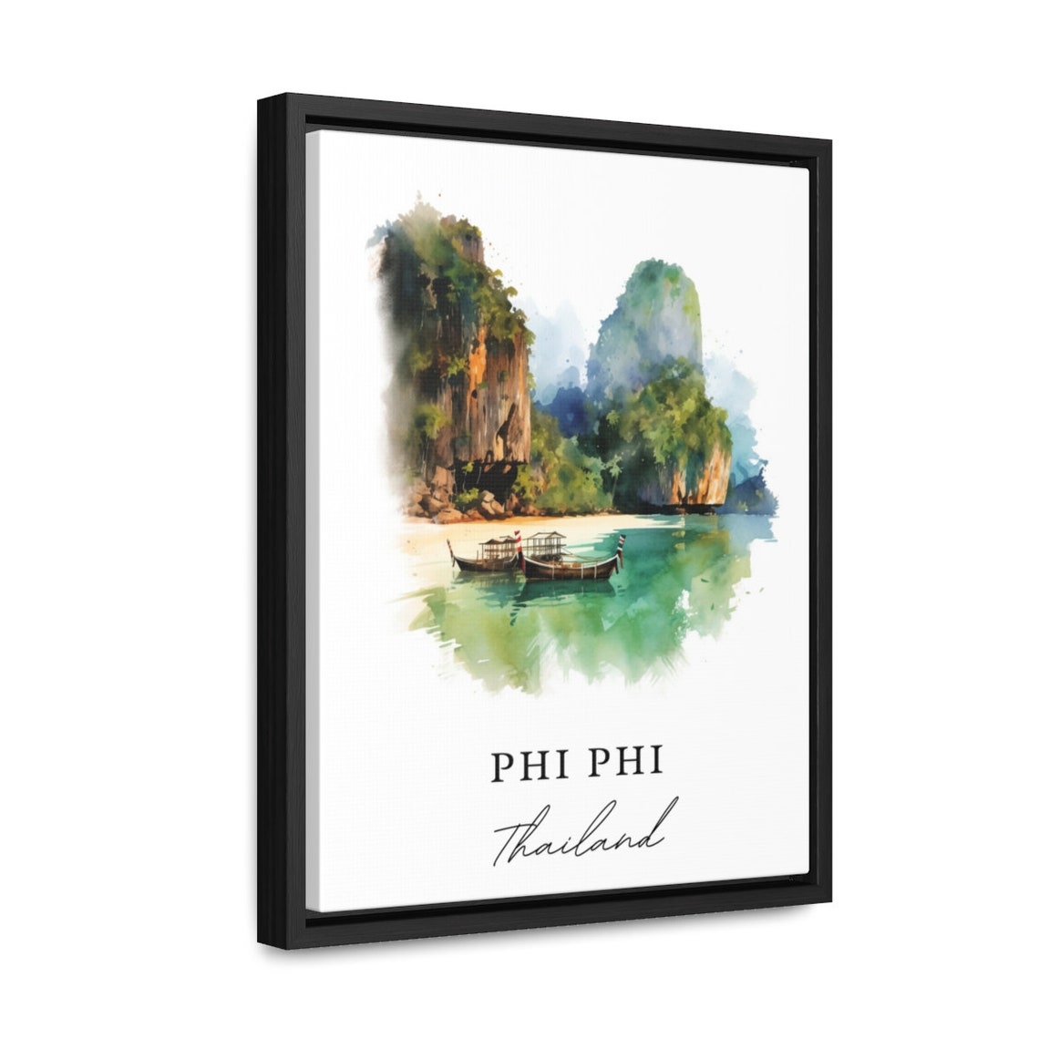 Phi Phi Thailand Karst Cliffs Longtail Boats Watercolor Beach Poster - Image 2