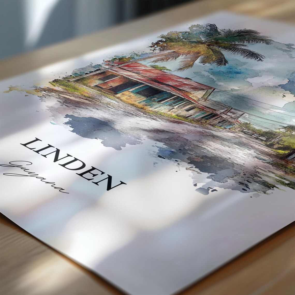 Linden Guyana Watercolor Tropical Street Palm Houses Scene Poster - Image 7