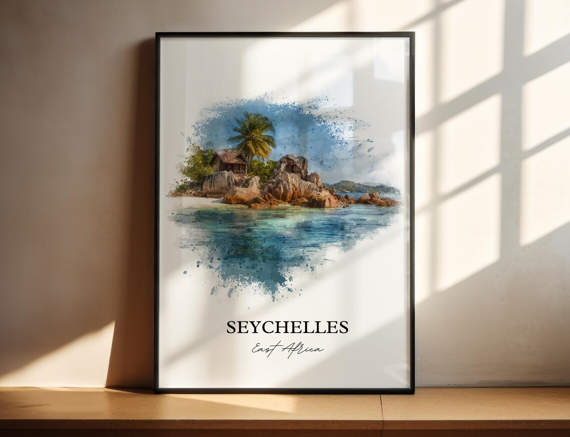 Seychelles Island Granite Boulders Beach Watercolor Travel Poster