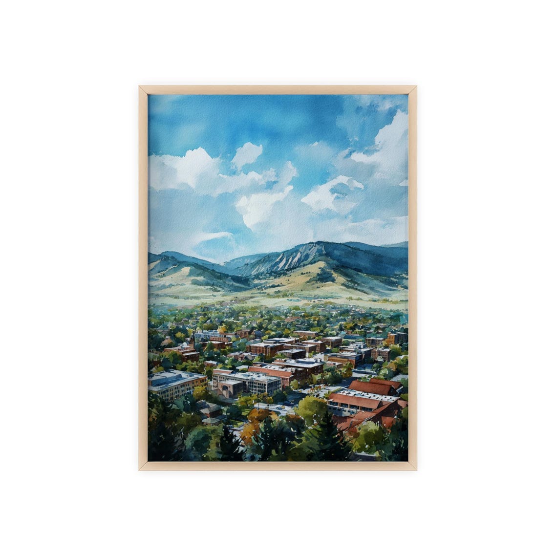 Boulder Colorado Flatirons Mountain Cityscape Watercolor Wall Art