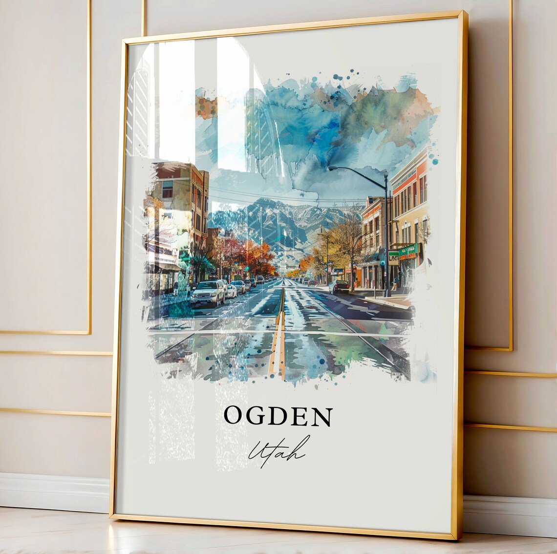 Ogden Utah Downtown Street Snowy Mountain Watercolor Cityscape Poster - Image 4