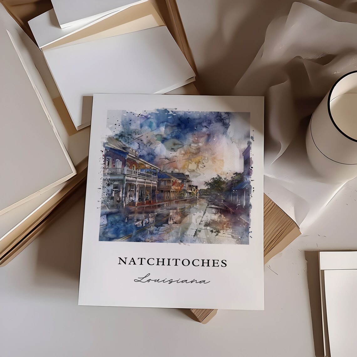 Natchitoches Louisiana Watercolor Rainy Historic Street Scene Poster - Image 6