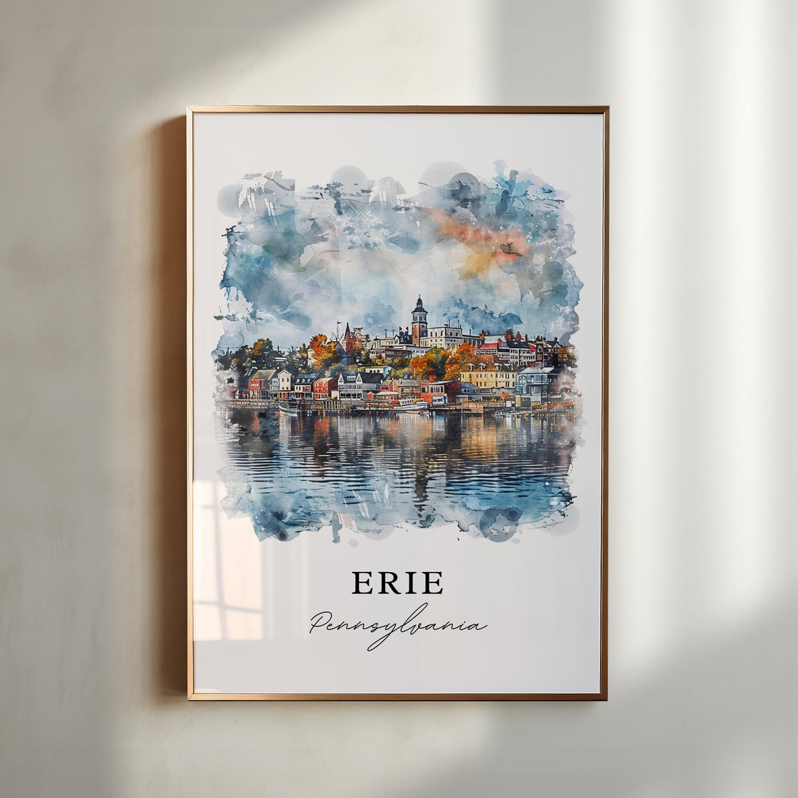 Erie Pennsylvania Waterfront Town Autumn Watercolor Travel Poster