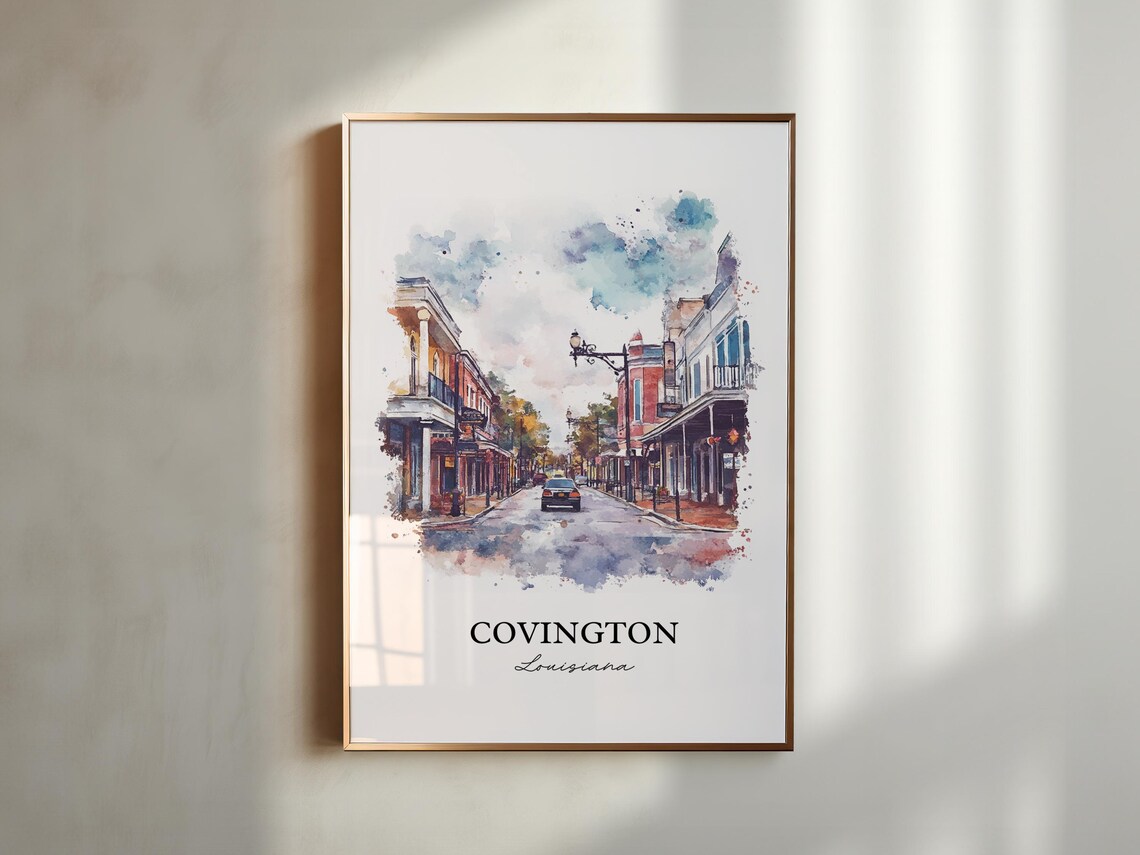 Covington Louisiana Old Town Main Street Watercolor Travel Poster - Image 2