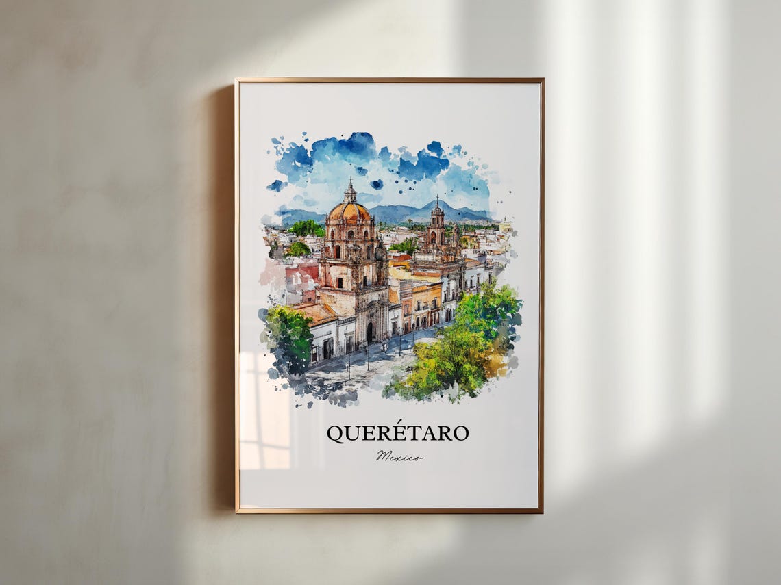 Querétaro Mexico Colonial Cathedral City Watercolor Art Poster - Image 5