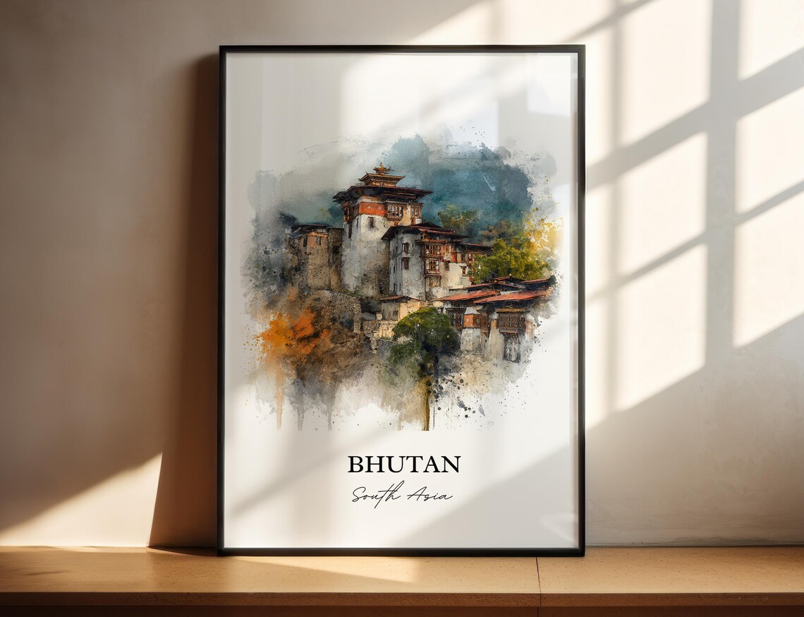 Bhutan South Asia Dzong Fortress Monastery Watercolor Travel Poster