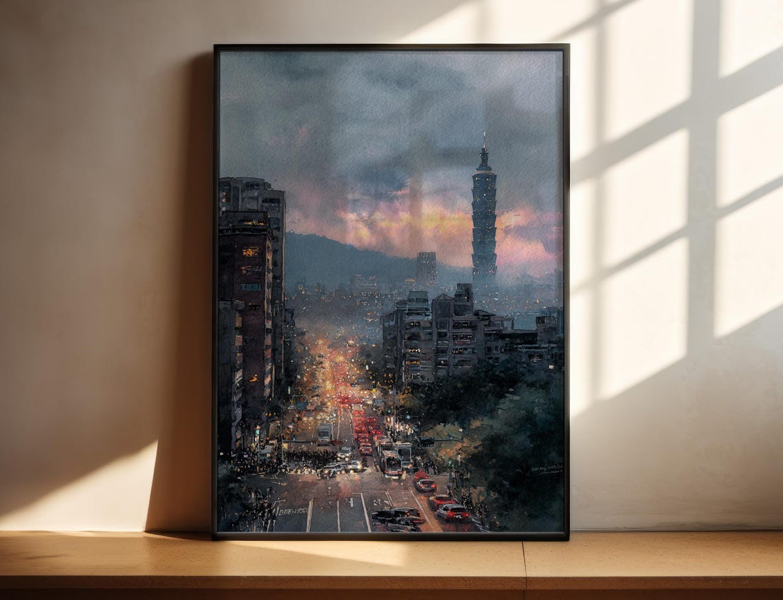 Taipei 101 Tower Taiwan Watercolor Dusk City Lights Travel Poster