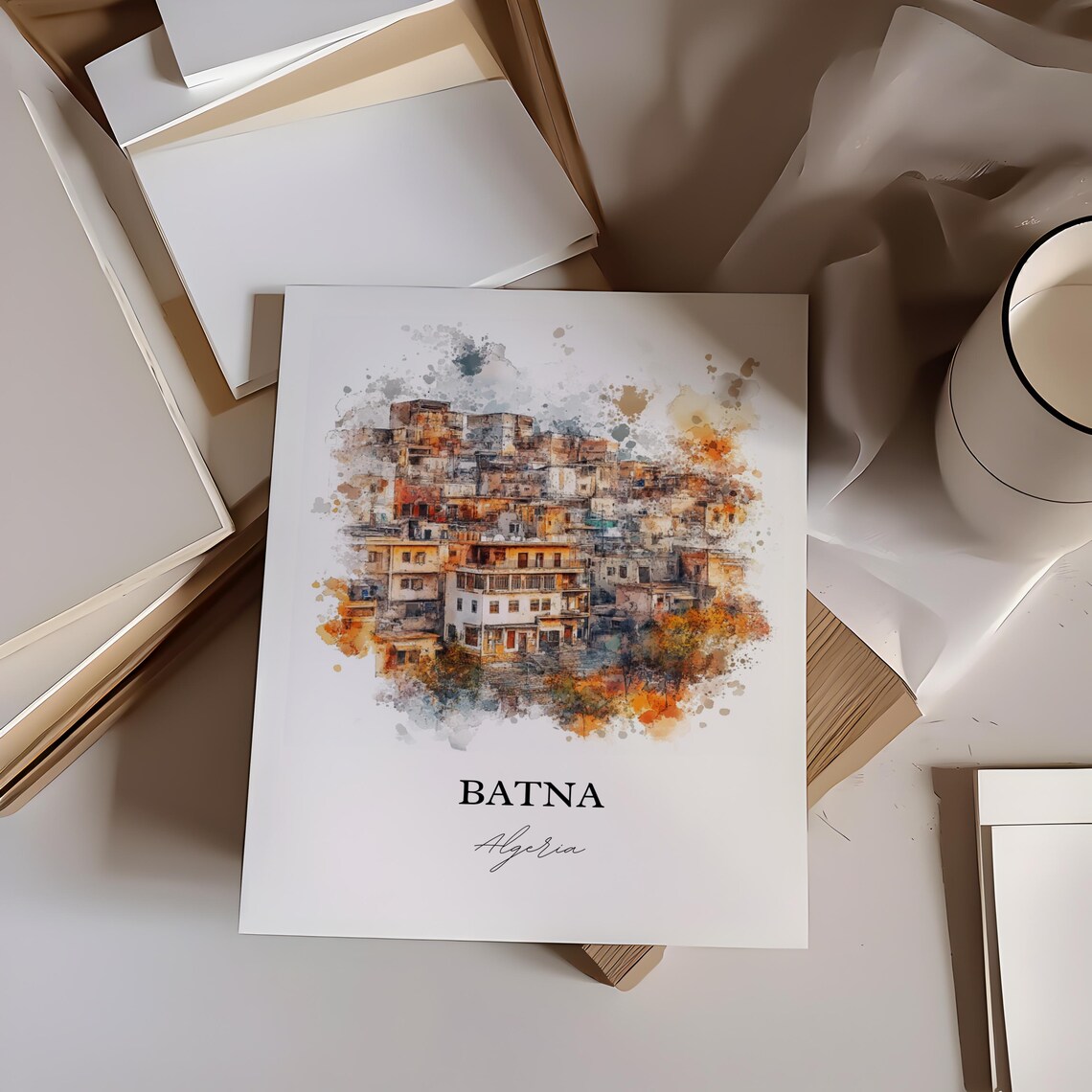 Batna Algeria Historic Hillside Old Town Watercolor Travel Poster - Image 3