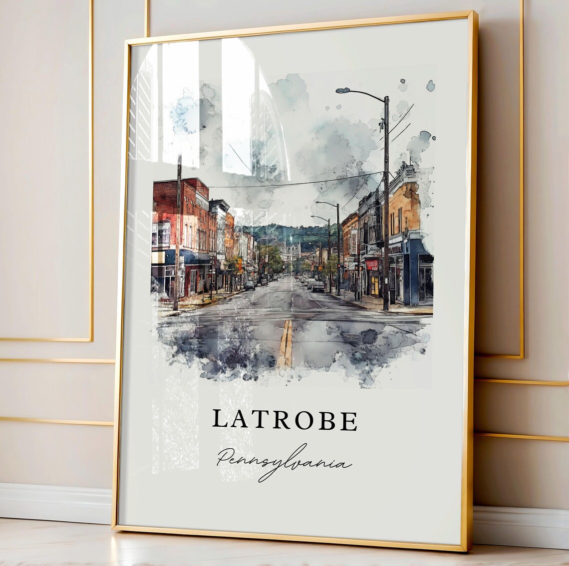 Latrobe Pennsylvania Watercolor Main Street Town Skyline Art Print