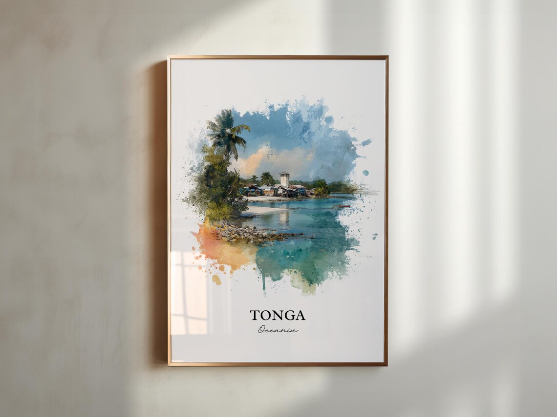 Tonga Oceania Turquoise Bay Village Watercolor Island Art Poster - Image 6