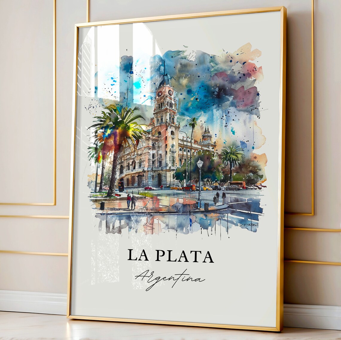 La Plata Argentina Watercolor Historic City Hall Skyline Poster - Image 4