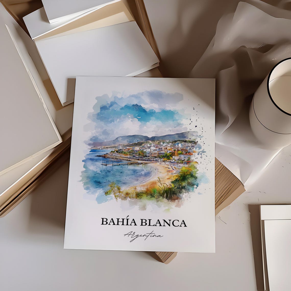 Bahia Blanca Argentina Watercolor Curved Bay Beach Scene Poster - Image 2