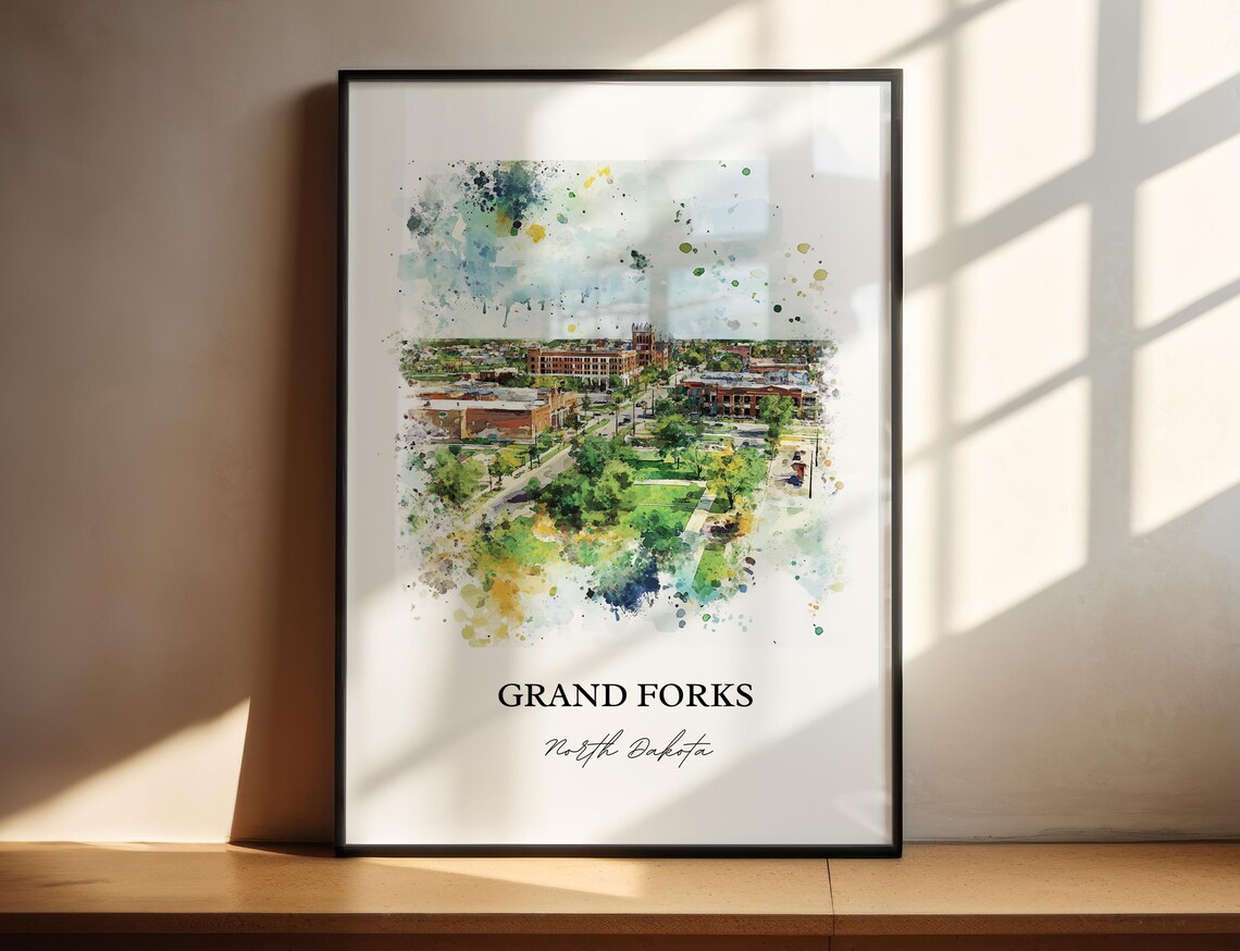 Grand Forks North Dakota Watercolor City Aerial Green Park Poster