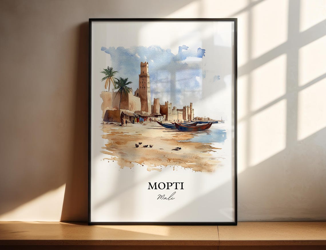 Mopti Mali Riverside Mosque Boats Watercolor Scene Art Poster