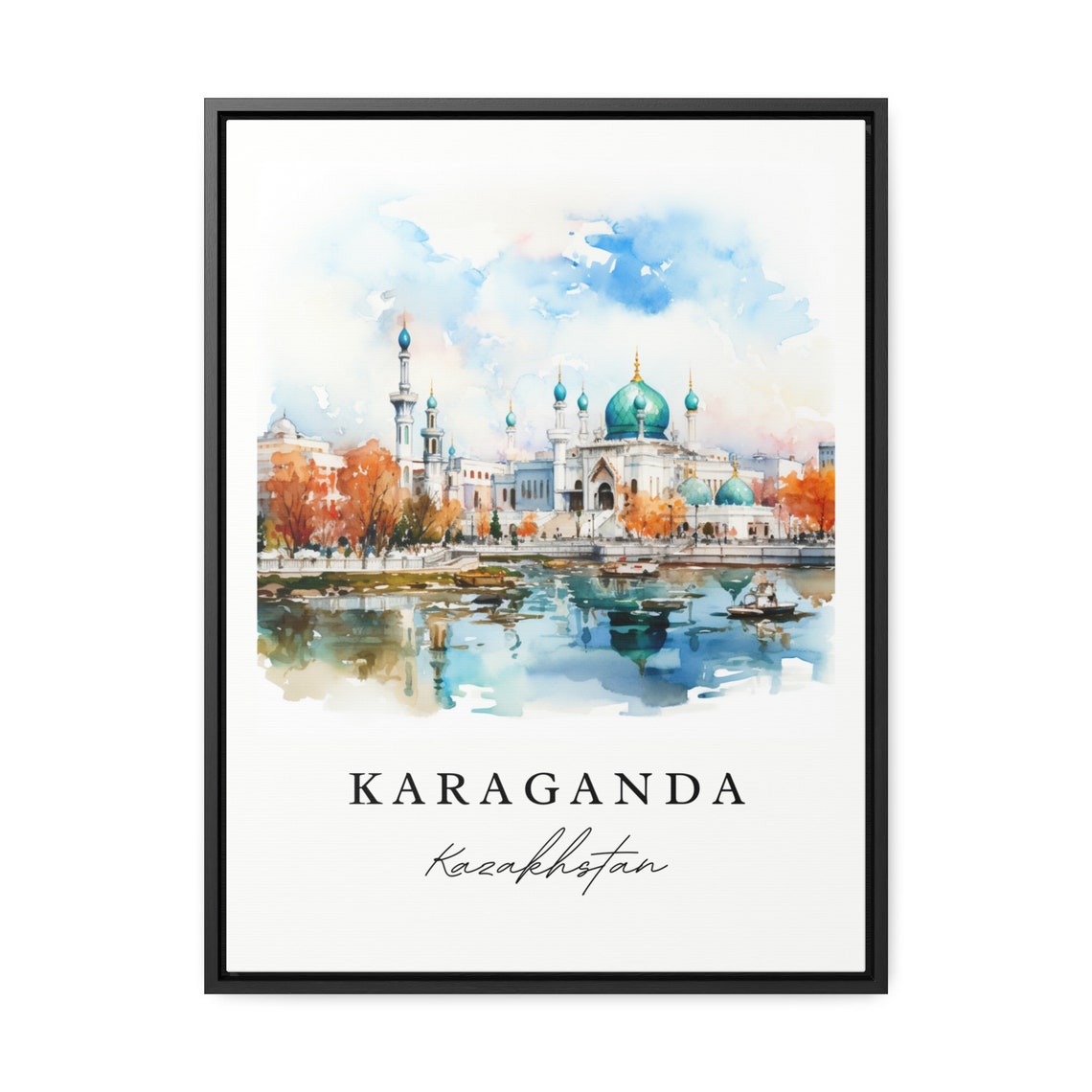 Karaganda Kazakhstan Watercolor Mosque Lakeside Reflection Poster - Image 2
