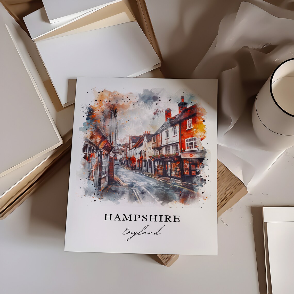 Hampshire England Watercolor Brick High Street Charming Shops Poster - Image 6
