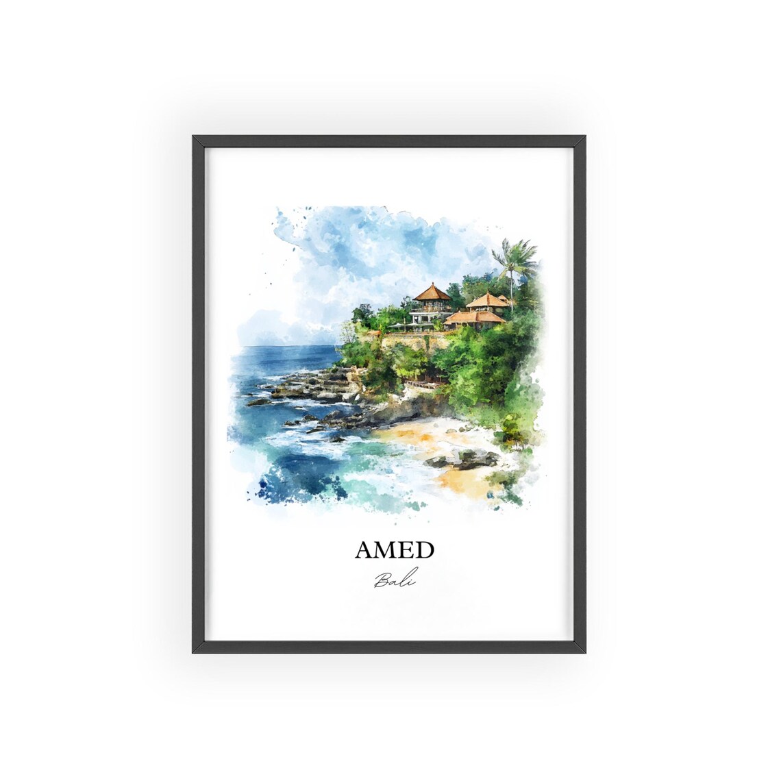 Amed Bali Watercolor Rocky Cove Cliffside Hills Ocean Poster - Image 2