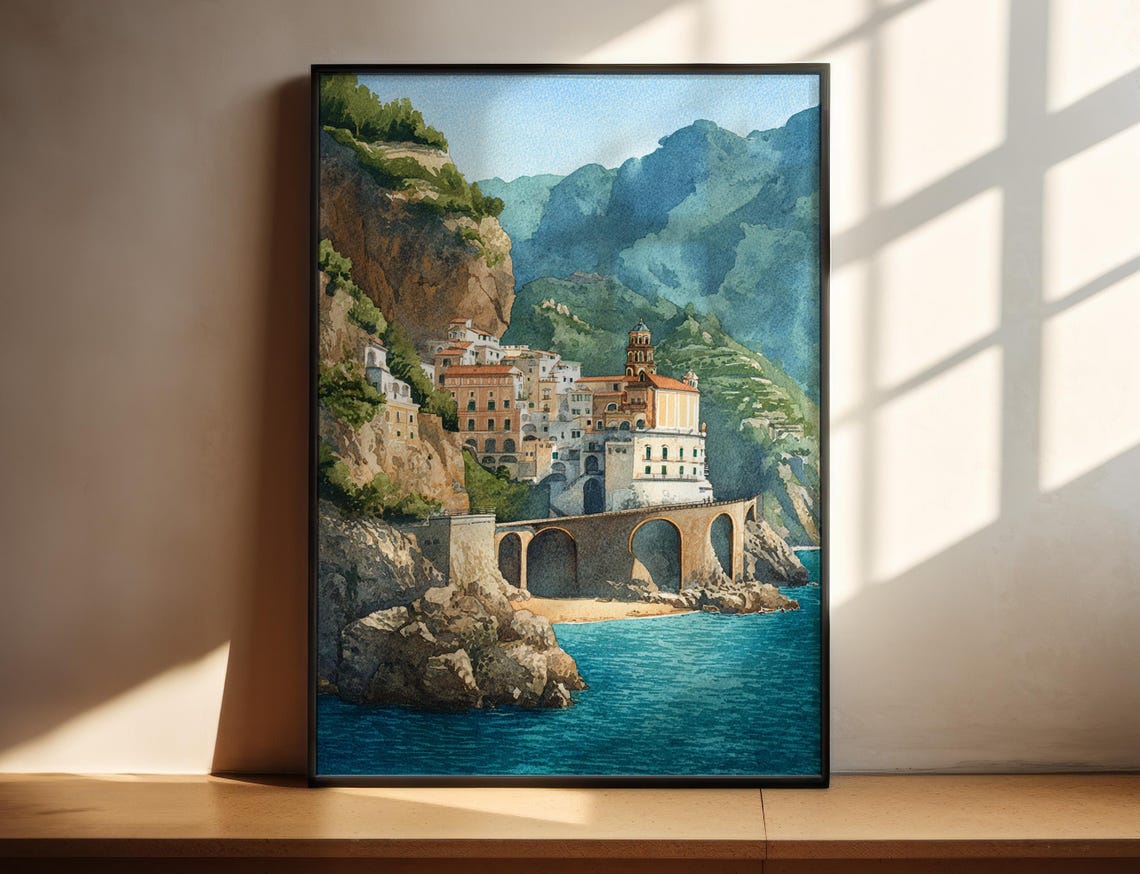 Amalfi Coast Watercolor Cliffside Italian Town Seaside Travel Poster