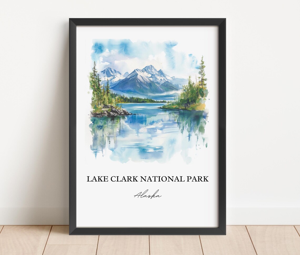 Lake Clark Alaska National Park Snowy Peaks Lake Watercolor Poster - Image 3