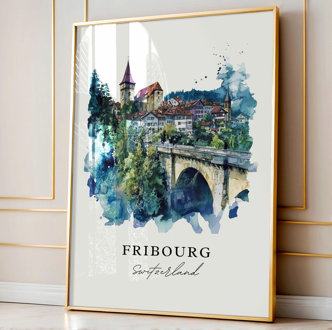 Fribourg Switzerland Old Town Bridge Watercolor Travel Poster - Image 3