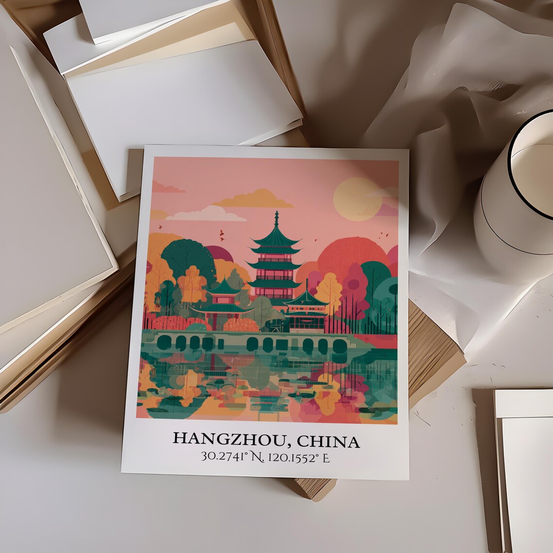 Hangzhou China Colorful Pagoda Lake Sunset Reflection Travel Poster - Image 3