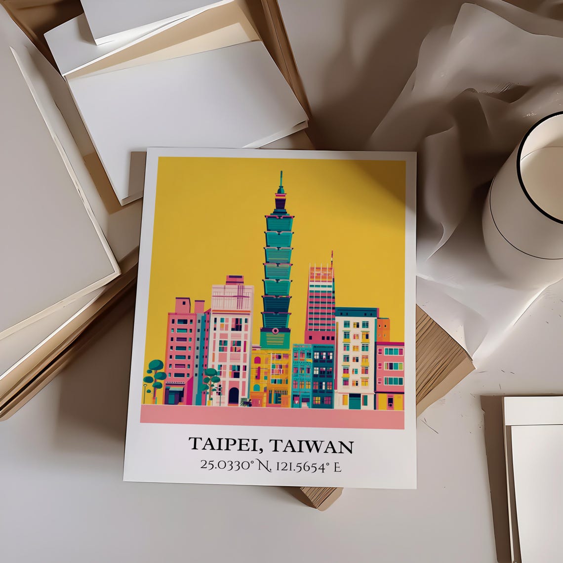 Taipei Taiwan Iconic 101 Tower Mustard Sky Retro Travel Art Poster - Image 4