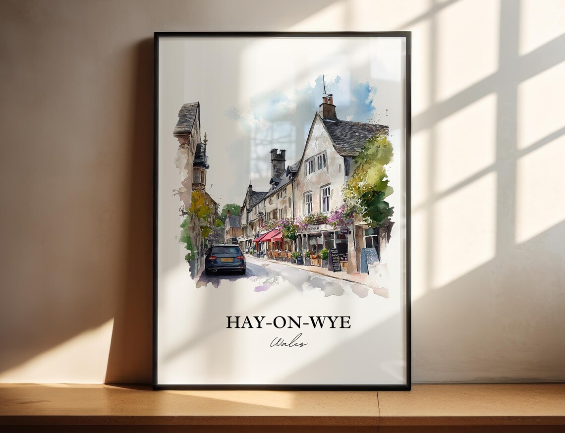 Hay-on-Wye Wales Book Town Street Watercolor Village Travel Poster