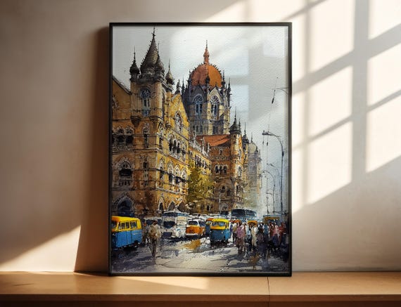 Mumbai India Watercolor Art Travel Print Artwork Skyline Decor Wall