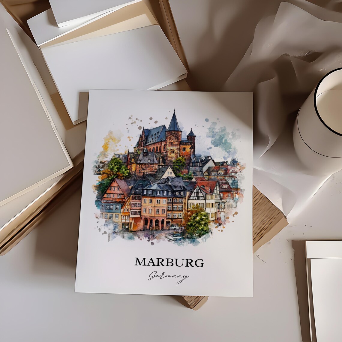 Marburg Germany Hilltop Castle Church Old Town Watercolor Poster - Image 2