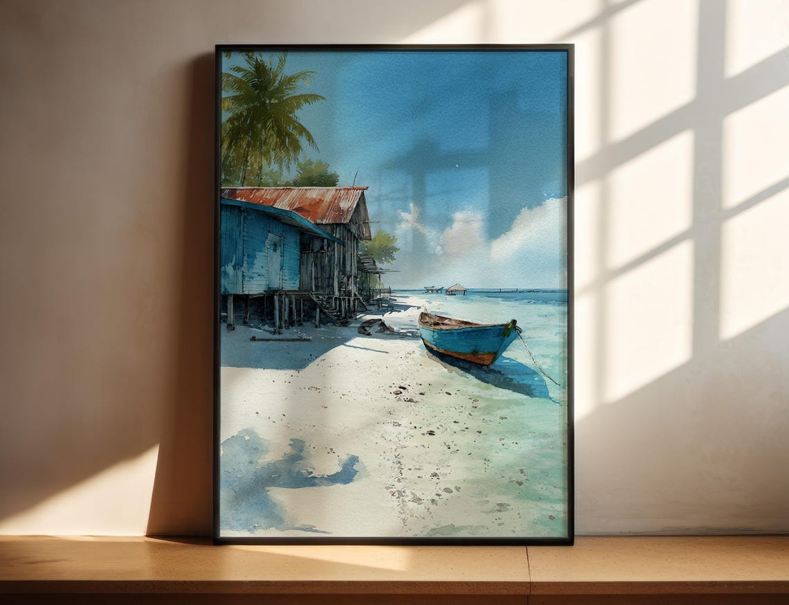 Tropical Island Beach Watercolor Stilt House Boat and Palm Tree Print