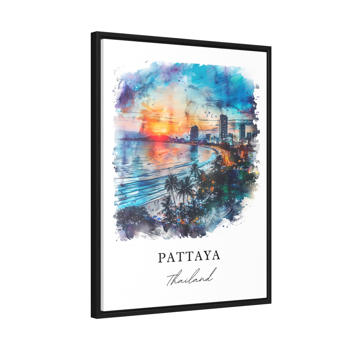 Pattaya Thailand Beach Sunset Watercolor Cityscape Skyline Poster - Image 2