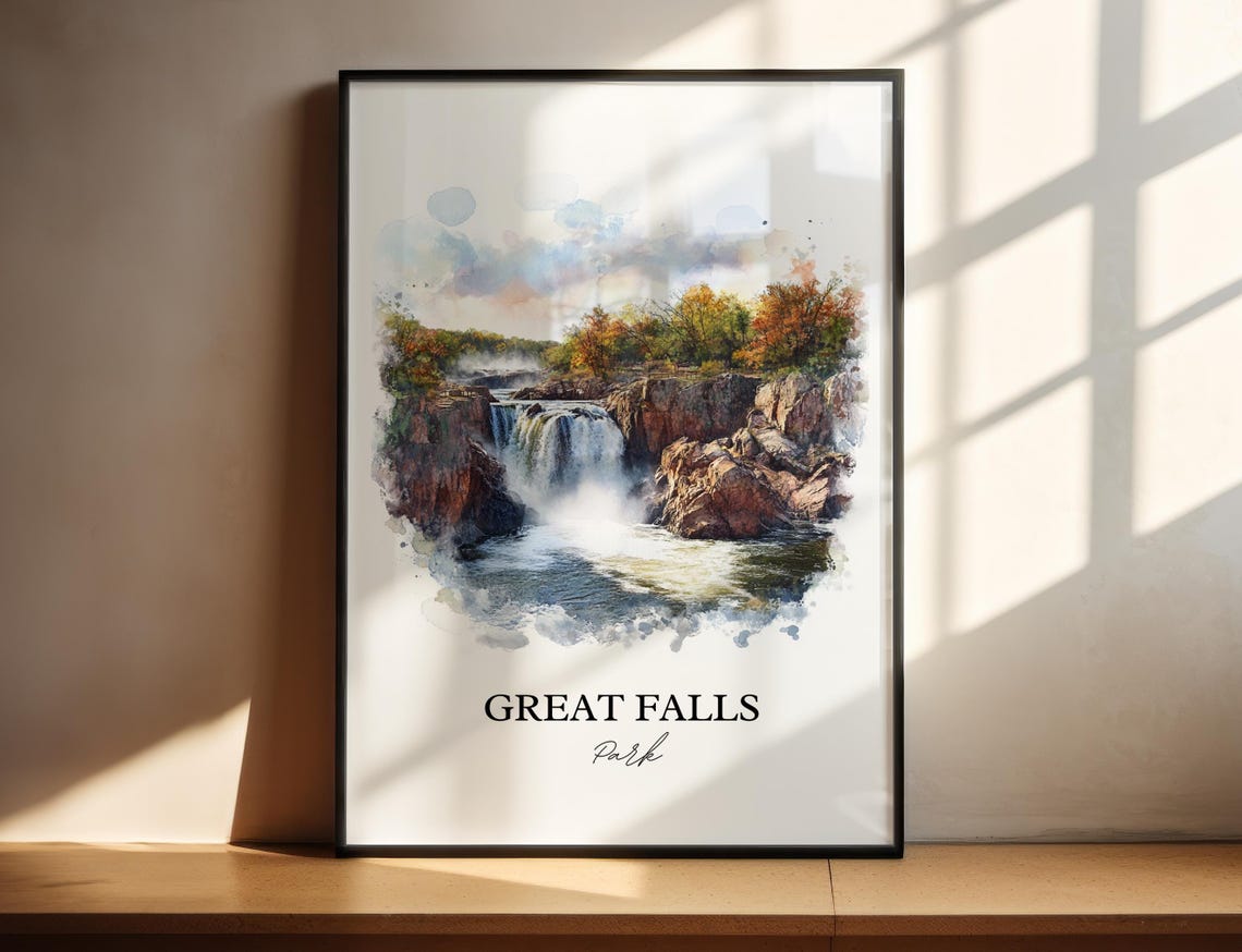 Great Falls Park Watercolor Waterfall Rocky Gorge Autumn Trees Poster