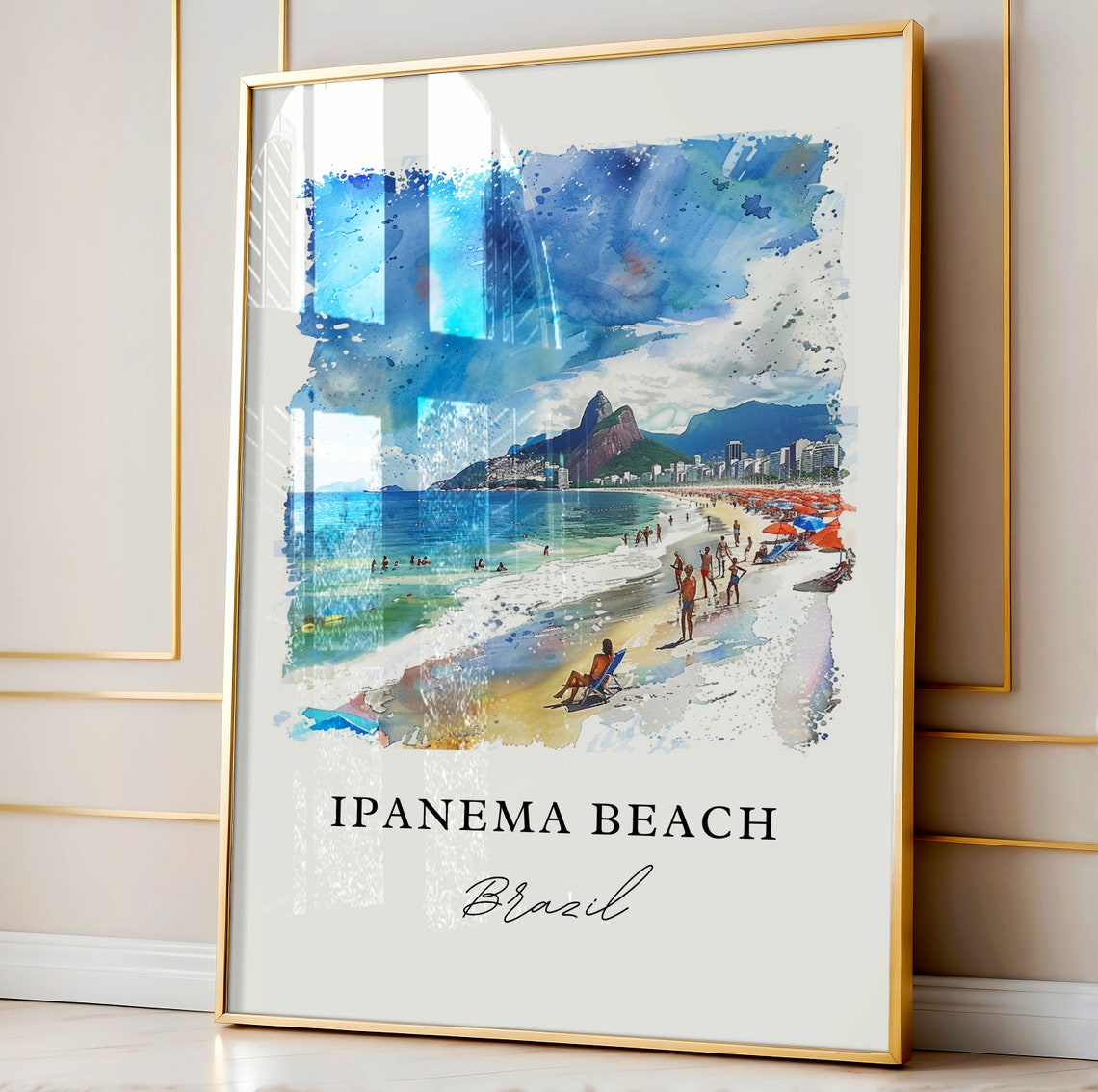 Ipanema Beach Brazil Mountain Backdrop Shoreline Watercolor Art Poster - Image 3