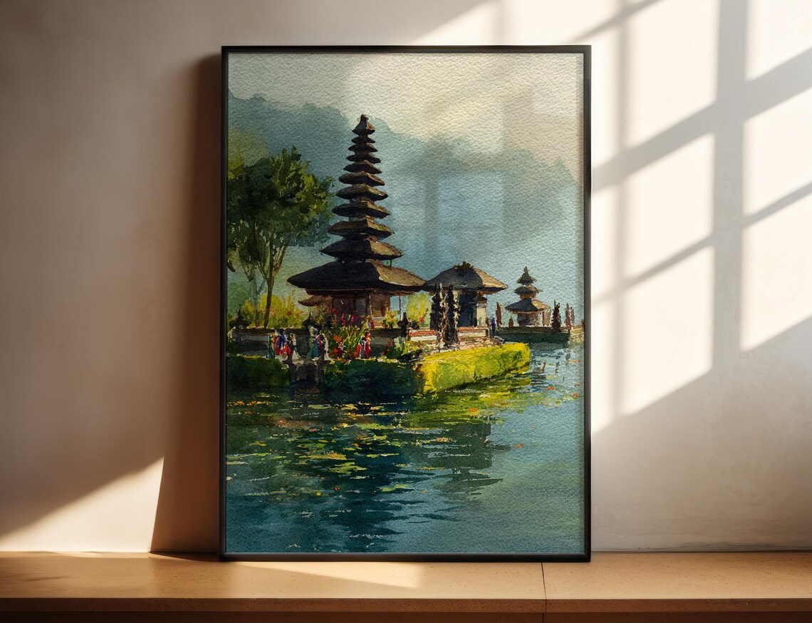 Bali Indonesia Watercolor Travel Poster Lake Temple Lotus Garden Art